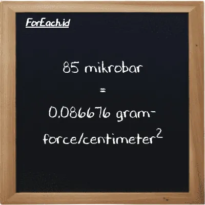 85 mikrobar setara dengan 0.086676 gram-force/centimeter<sup>2</sup> (85 µbar setara dengan 0.086676 gf/cm<sup>2</sup>)